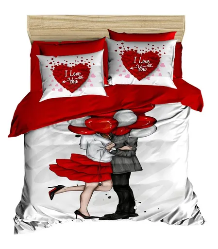 Lenjerie de pat dubla King (FR), 3 piese, L'essentiel Maison, 154, Alb / Roșu / Negru