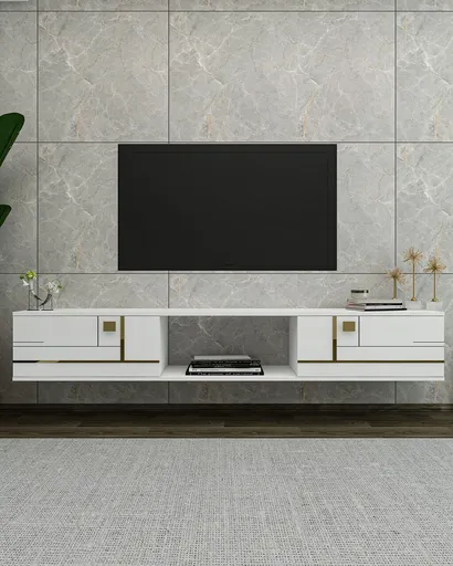 Comoda TV, Hanah Home, Aredam, 150x25.6x29.6 cm, Alb/Auriu