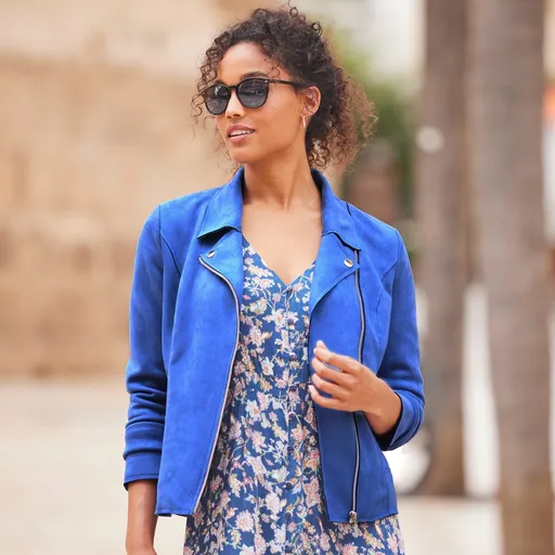 Jachetă cu fermoar, fabricată din imitație de piele de căprioară