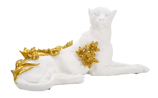 Figurina /sculptura decorativa  Leopard, Mauro Ferretti, 53x21.5x24 cm, polirasina, alb/auriu