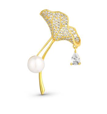 JwL Luxury Pearls Broșă sclipitoare placată cu aur 2în1 cu perlă autentică și cristale Ginkgo JL0837