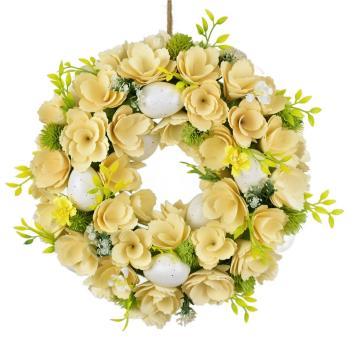 Coroană de Paște din flori de lemn cu ouă, 30 cm,alb