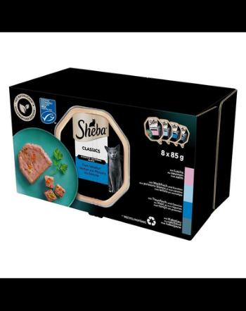 SHEBA Classics hrana cu peste pentru pisica 8x85 g pate cu somon, peste alb si morcovi, ton si legume, cod