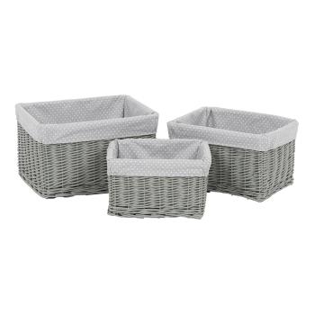 Set coșuri de răchită pentru rafturi Buline gri, 3 bucăți, 3 dimensiuni, 48 x 25 x 39 cm