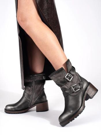 Botine exclusiviste pentru femei maro închis pe un toc lat