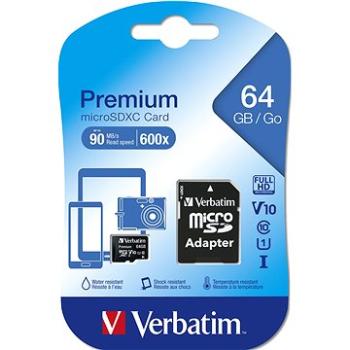 VERBATIM Premium microSDXC 64GB UHS-I V10 U1 + SD adaptér (44084)