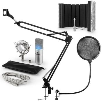 Auna MIC-900S-LED, USB, set de microfon, set V5, argintiu, microfon condensator, filtru pop, ecran acustic, braț de microfon