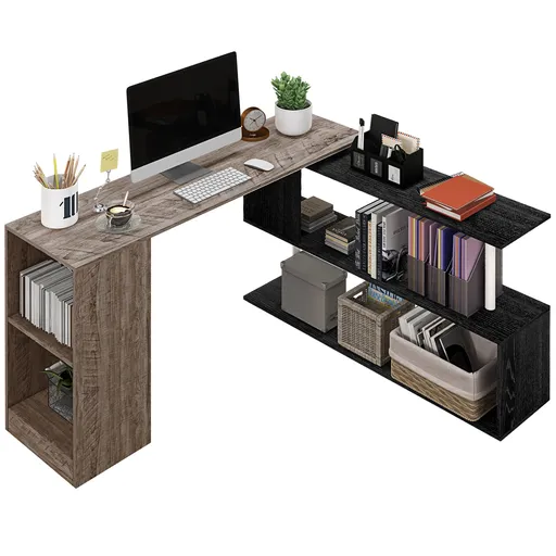 HOMCOM Birou de Colț cu Raft în Formă de S, Birou Modern din Lemn, 140x120x78 cm, Gri | Aosom Romania