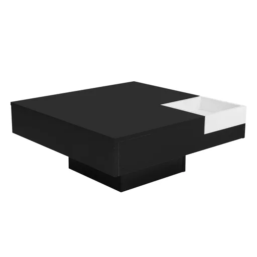 Măsuță de cafea lucioasă, măsuță de sufragerie cu cutie de depozitare detașabilă și efect de lumină LED, 72×72×30 cm, Negru