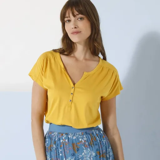 Tricou monocrom cu decolteu tunisian și mâneci scurte