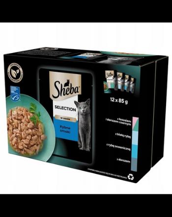 SHEBA Selection mix arome peste in sos 12x85g hrana umeda cu somon si cod, peste alb, peste oceanic, cod pentru pisici