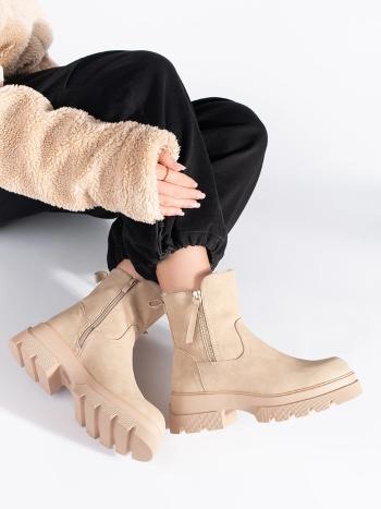 Botine cu toc plat bej la modă pentru femei