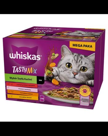 Hrana pentru pisici WHISKAS Adult 24x85 g Tasty Mix mix arome in sos cu vita, somon, pui si curcan, pui si cod pentru pisici adulte