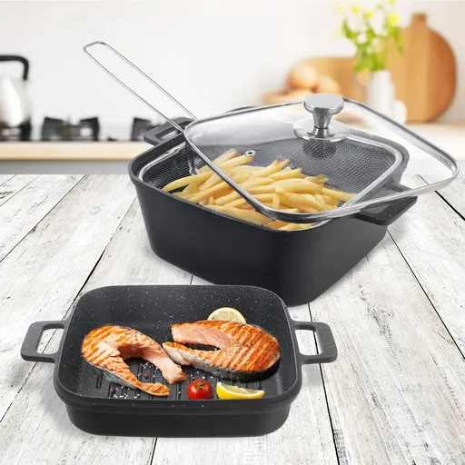 Tavă GRANDE cu capac și coș pentru prăjit