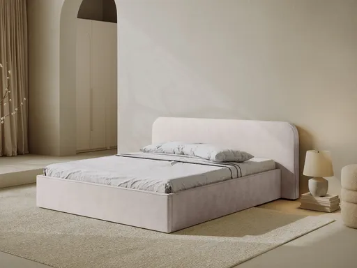 Pat tapitat cu somiera rabatabila si lada depozitare, 200x200 cm, Micadoni Home, Elizabeth-68, tesatura structurata chenille, alb