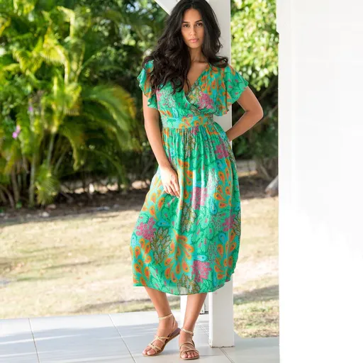 Rochie midi Crepon cu decolteu încrucișat și imprimeu