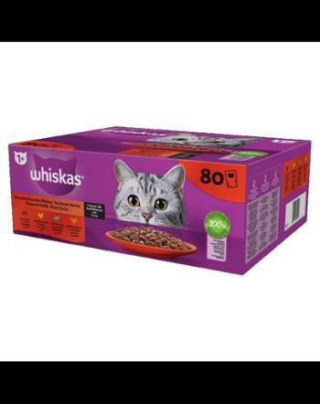 WHISKAS Adult in sos 80x85g Classic Meals hrana umeda completa pentru pisici adulte cu vita, pui, miel, pasare