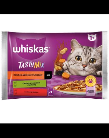 WHISKAS Adult hrana umeda in sos 4x85 g pentru pisici Rural Flavours miel, pui si morcovi, carne de vita si pasare