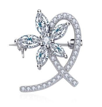 MOISS Broșă strălucitoare din argint Floare cu pietre de zircon O0000008