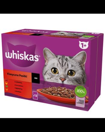 WHISKAS Adult hrana umeda plicuri 12x85 g pentru pisici Classic Meals carne de vita, pui, miel, pasare in sos