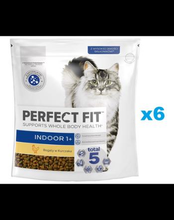 PERFECT FIT Indoor 1+ 6x750 g Pachet hrana uscata pisici interior, cu pui