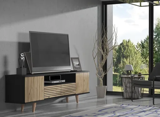 Comoda TV, Hanah Home, FRN-9000, 180x55x35 cm, Lemn / Negru / Pin Atlantic