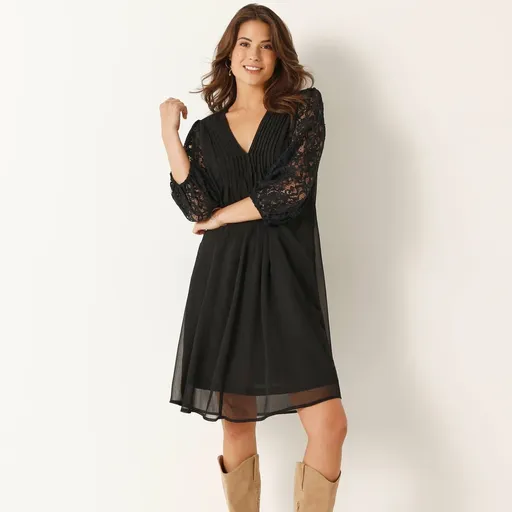 Rochie din voal uni cu pliuri și dantelă