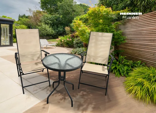 Set mobilier de gradina 3 piese Texas, Heinner, 60x71 cm/56x68x105 cm, otel/sticla/textil, bej/negru