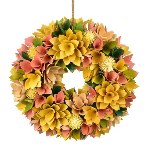 Coroană de Paște din flori de lemn cu ouă, 30 cm,galben