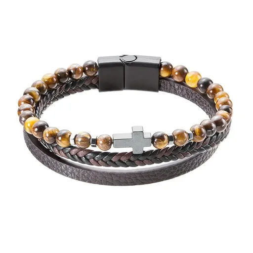 Evolution Group - Pavona Brățară din piele cu mărgele ochi de tigru 43044.3 maro 23 cm