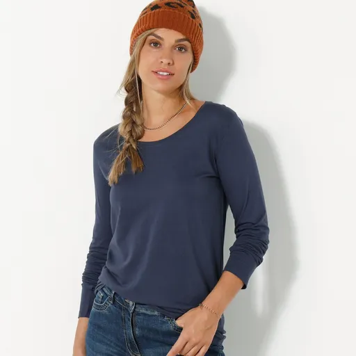 Tricou de culoare uni cu guler rotund și mâneci lungi