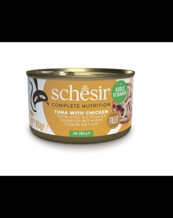 SCHESIR Conserva pentru pisica, Ton cu fileuri de pui in aspic 85 g