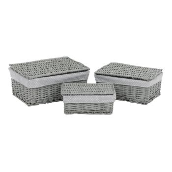 Set de coșuri de răchită cu capac Buline gri,3 buc., 3 dimensiuni, 49 x 22 x 35 cm