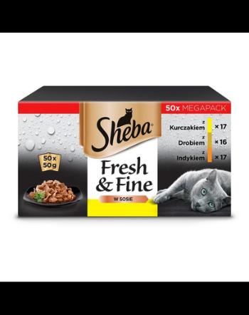 SHEBA Fresh&amp;Fine 50x50 g plicuri in sos pentru pisici, cu pui, pasari de curte si curcan