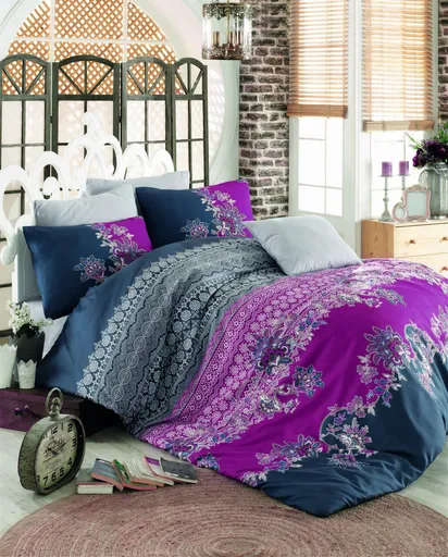 Lenjerie de pat dubla, L'essentiel Maison, Azra, Fuchsia / Gri / Alb