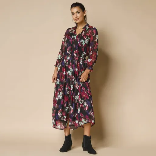 Rochie lungă cu talie de broască, voal imprimat