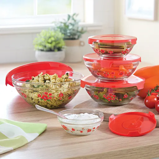 5 boluri de sticlă cu capace