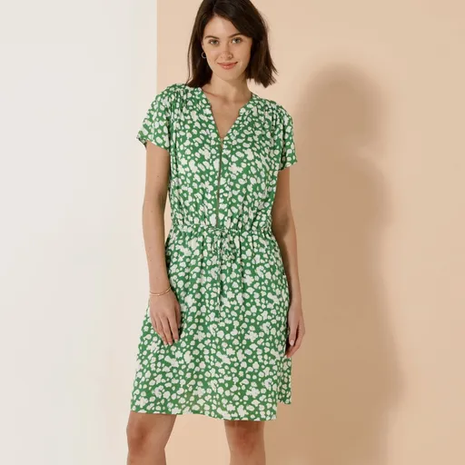 Rochie scurtă cu decolteu cu fermoar și mâneci scurte, din crepon cu imprimeu