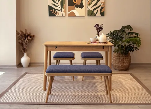 Set masa extensibila si scaune, Hanah Home, Vina Mini 04 1048, Stejar / Albastru închis