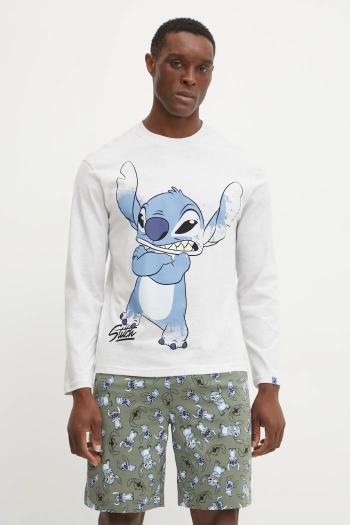 Bavlnené tričko s dlhým rukávom United Colors of Benetton LILO&STITCH pánske, šedá farba, s potlačou, 3VR54M01X