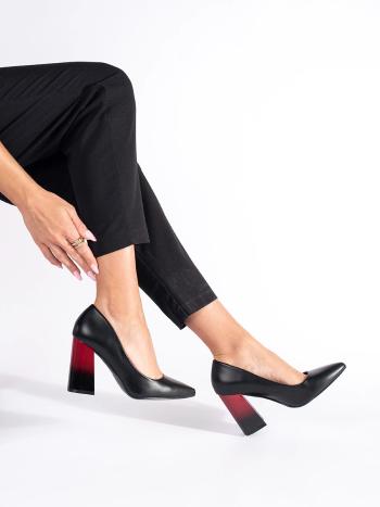 Pantofi eleganți de damă negri roșii cu toc lat
