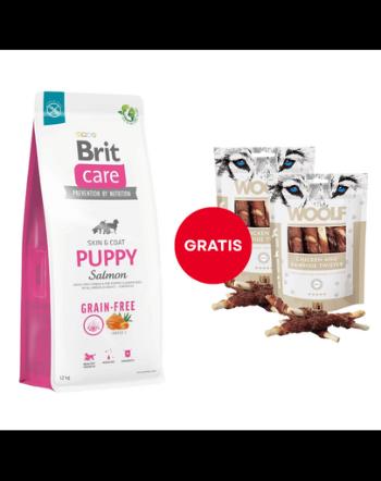 Hrana cu somon BRIT Care Grain-free Puppy 12 kg + WOOLF Chicken And Rawhide Twister 2 x 100g GRATIS