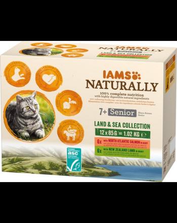 IAMS Naturally Senior Cat Land &amp; sea collection Hrana umeda pentru pisici senior, mix de arome de carne si peste 12 x 85 g
