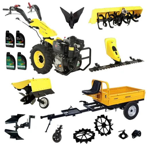 Pachet Campo U12E Motocultor 12CP + RM500C Remorca 500Kg + BC120M Bara cosire + 3xPlug + FT90 Freza tractata + 2xRoti metalice RM47 + 2xCuple + 4L Ule