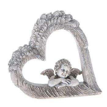 Decorațiune inimă cu înger, gri, poliresină, 14,5 x 13,5 x 4 cm