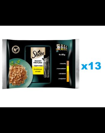 SHEBA Delicacy Fine Flakes 52x85 g hrana umeda completa pentru pisici adulte bucati in gelatina: rata, pui, pasare, curcan