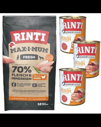 RINTI MAX-I-MUM Chicken cu pui, pentru caini 12 kg + Kennerfleisch Chicken hrana umeda 3x400 g