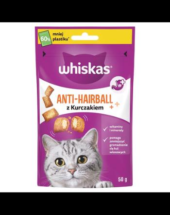 WHISKAS Anti-Hairball 50 g gustari anti-ghemotoc cu pui pentru pisici adulte