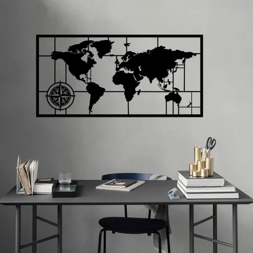 Decoratiune de perete, World Map Metal Decor 7, Dimensiune: 121 x 60 cm, Negru