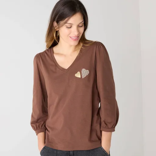 Tricou cu decolteu în V și imprimeu cu inimioare